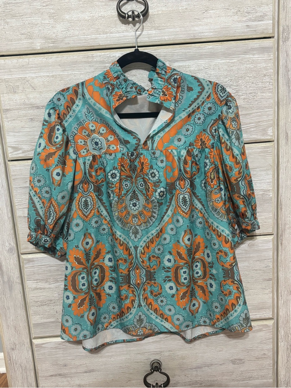 SHEIN Turquoise and Orange Paisley Ruffle-Trim Blouse